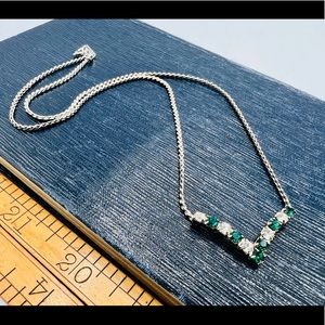 Vintage emerald green & clear rhinestone necklace silver chain 16”